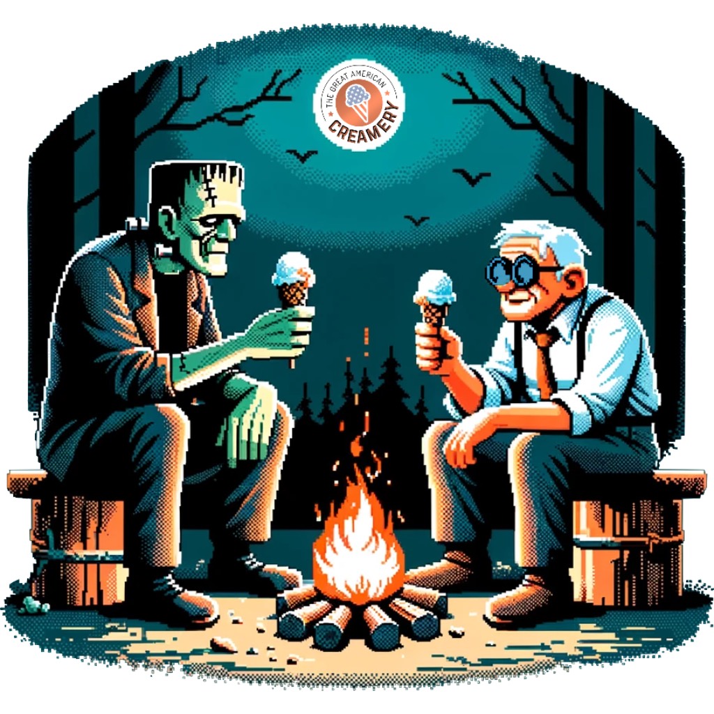 frankenstein's monster eating ice cream with an old blind man by a campfire