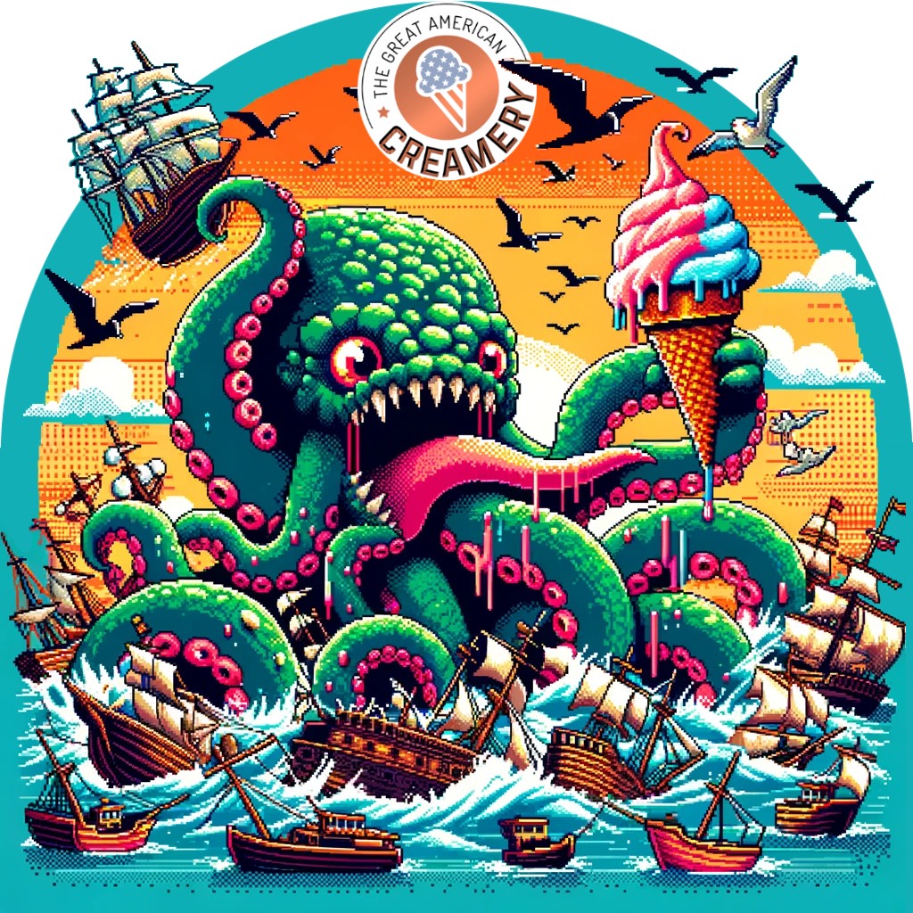 Even sea monsters love the great taste of ice cream.  The Kraken eats ice cream while sinking a fleet of ships