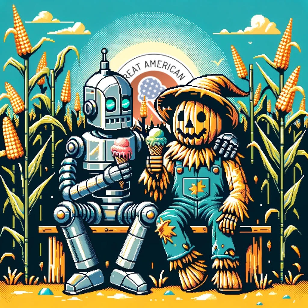 A high tech robot and his scarecrow friend rest on a bench by a corn field, enjoying ice cream together