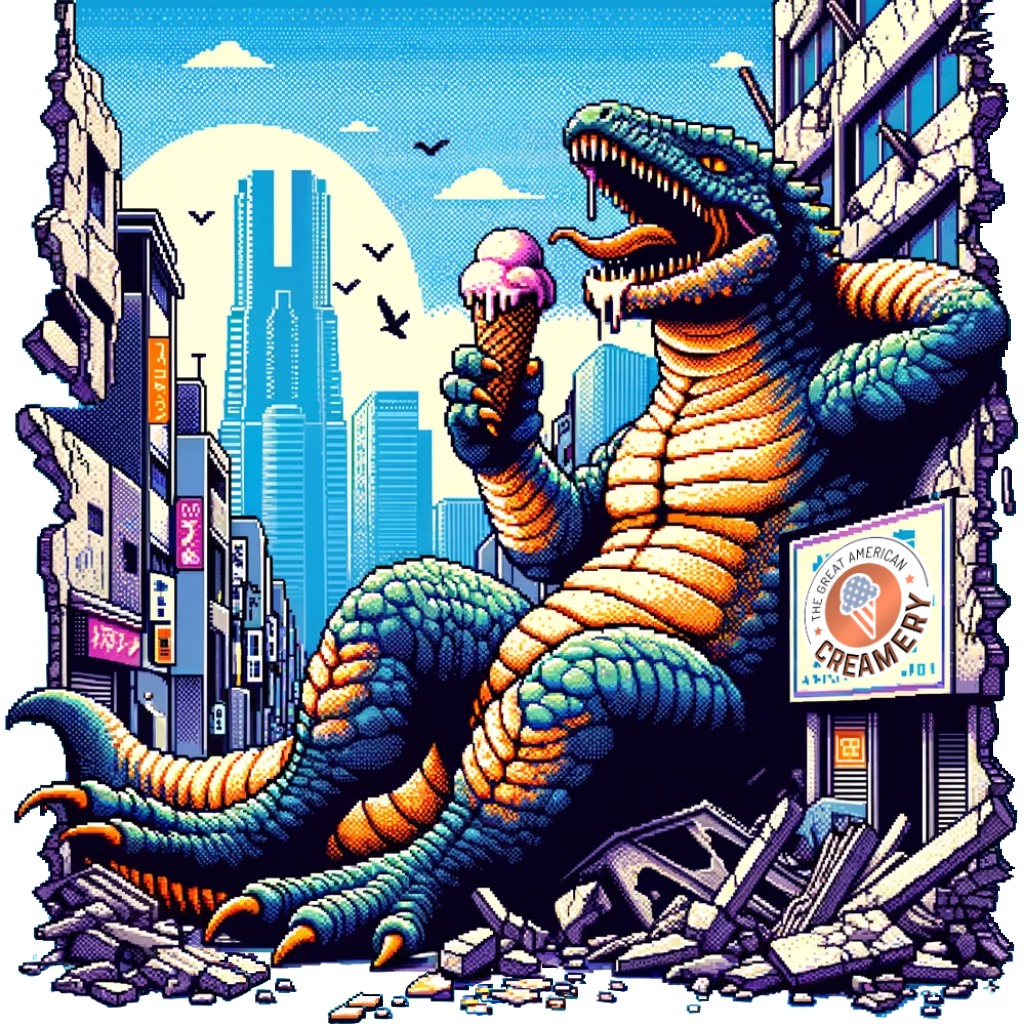 Giant Lizard Monster takes a break from destroying Tokyo to enjoy an ice cream cone